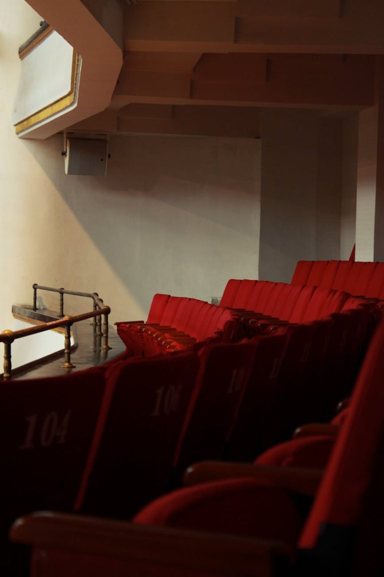 A row of empty red seats in a quiet, dimly lit auditorium with a serene atmosphere.