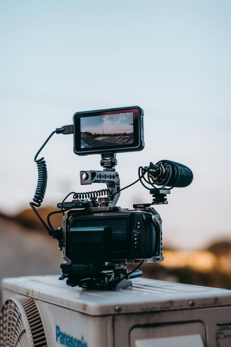 High-quality video recording equipment set up outdoors with a scenic view.